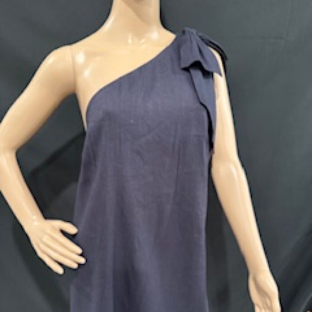 Antonio Melani Navy One-Shoulder Linen Dress with Bow Detail – Size 12